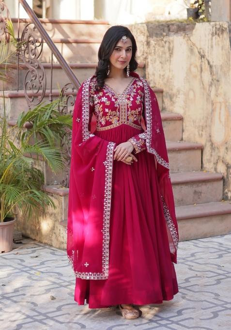 Pink Embroidered Faux Blooming Anarkali Set