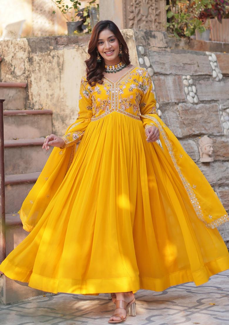 Yellow Embroidered Faux Blooming Anarkali Set - Indya