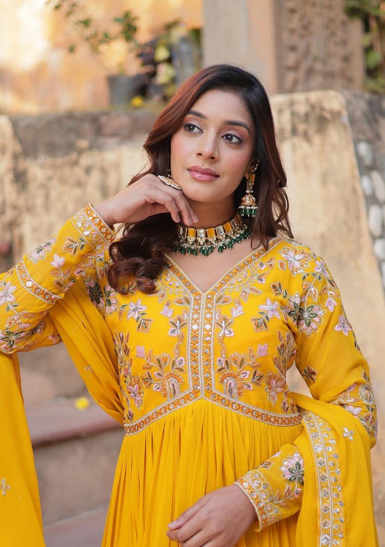 Yellow Embroidered Faux Blooming Anarkali Set - Indya
