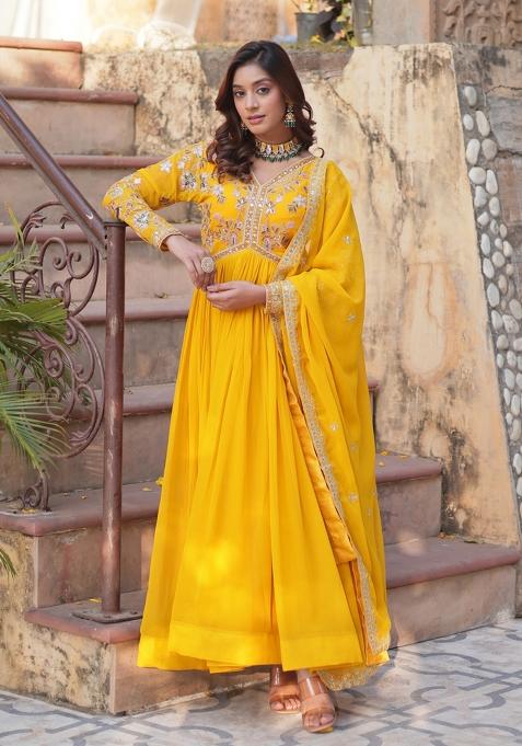 Yellow Embroidered Faux Blooming Anarkali Set