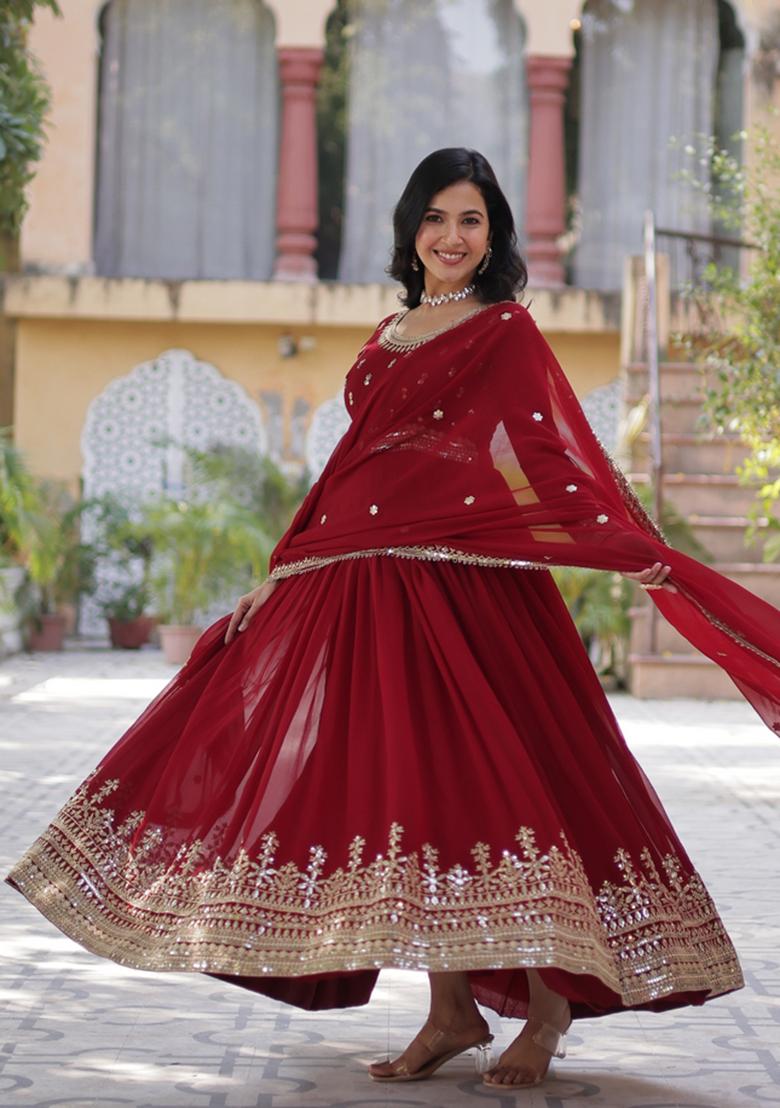 Maroon Embroidered Faux Blooming Anarkali Set - Indya