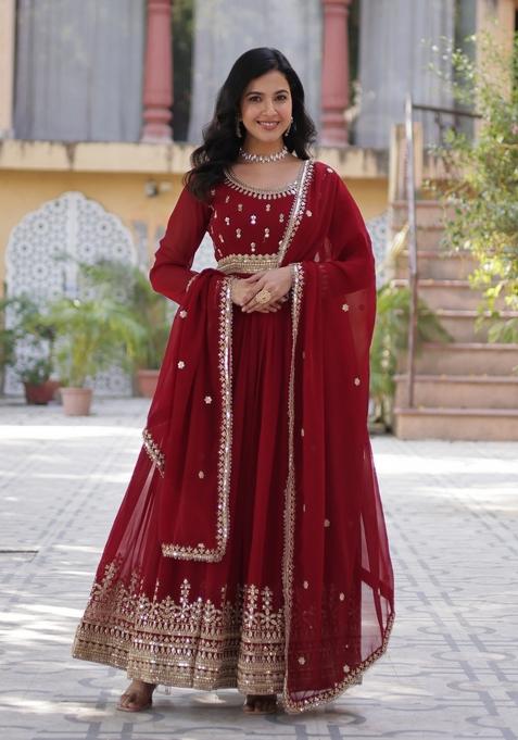 Maroon Embroidered Faux Blooming Anarkali Set