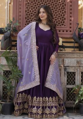 Purple Embroidered Georgette Anarkali Set