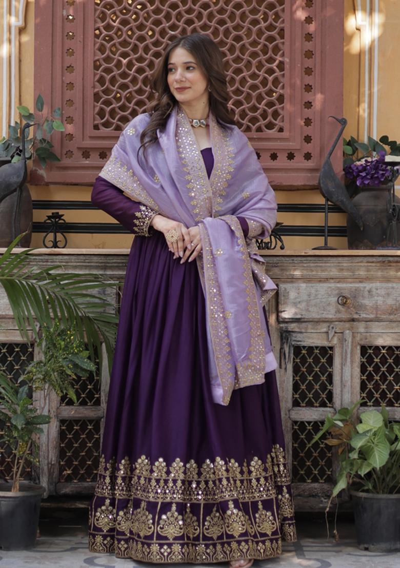 Purple Embroidered Georgette Anarkali Set - Indya