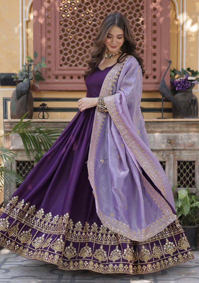Purple Embroidered Georgette Anarkali Set - Indya