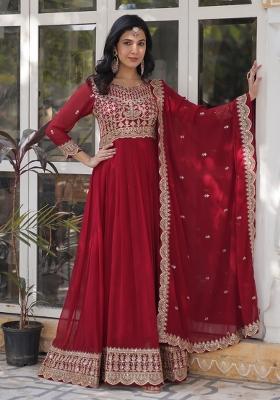 Maroon Embroidered Faux Blooming Anarkali Set