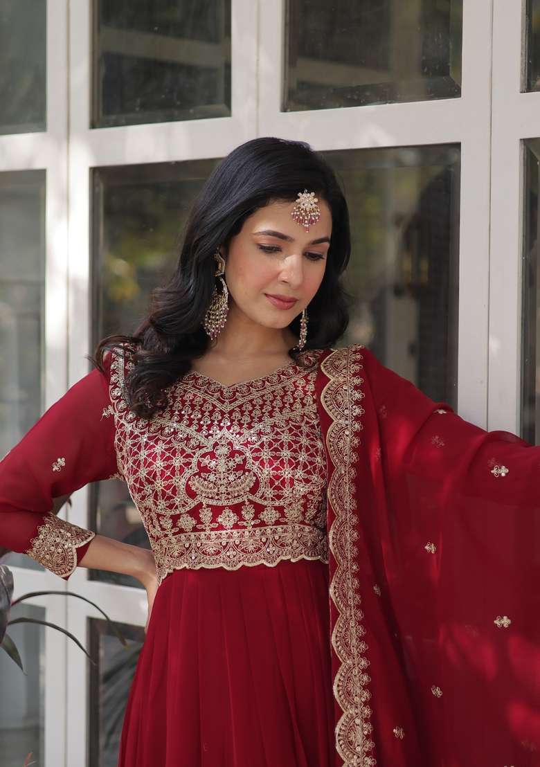 Maroon Embroidered Faux Blooming Anarkali Set - Indya