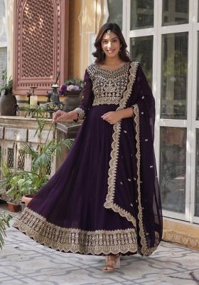 Wine Embroidered Faux Blooming Anarkali Set