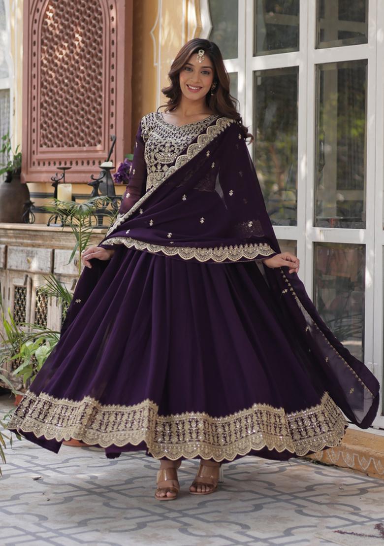 Wine Embroidered Faux Blooming Anarkali Set - Indya