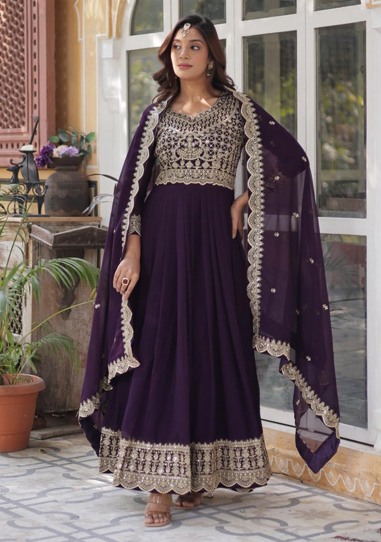 Wine Embroidered Faux Blooming Anarkali Set - Indya