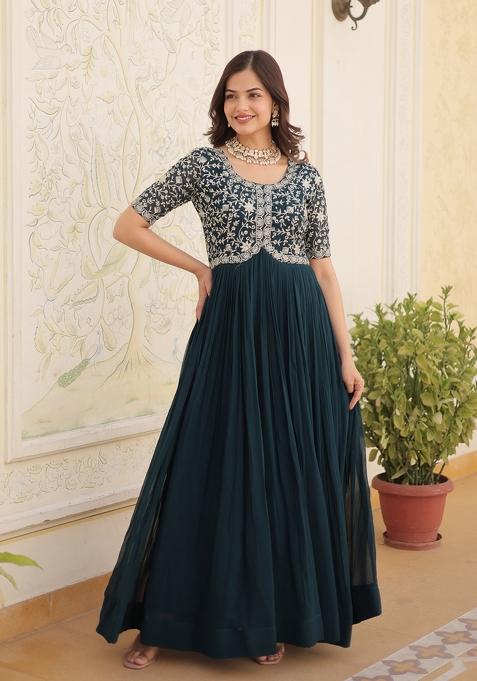 Rama Embroidered Faux Blooming Anarkali