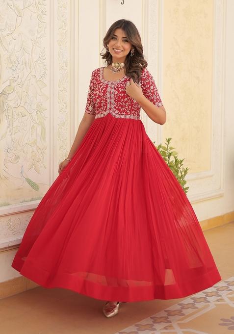 Red Embroidered Faux Blooming Anarkali