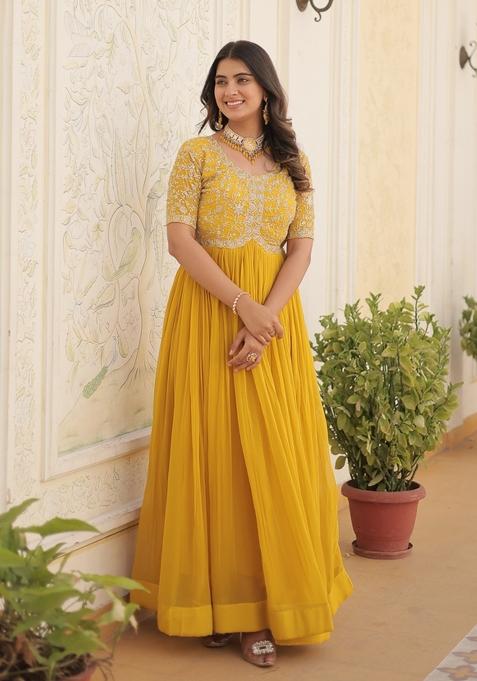 Yellow Embroidered Faux Blooming Anarkali