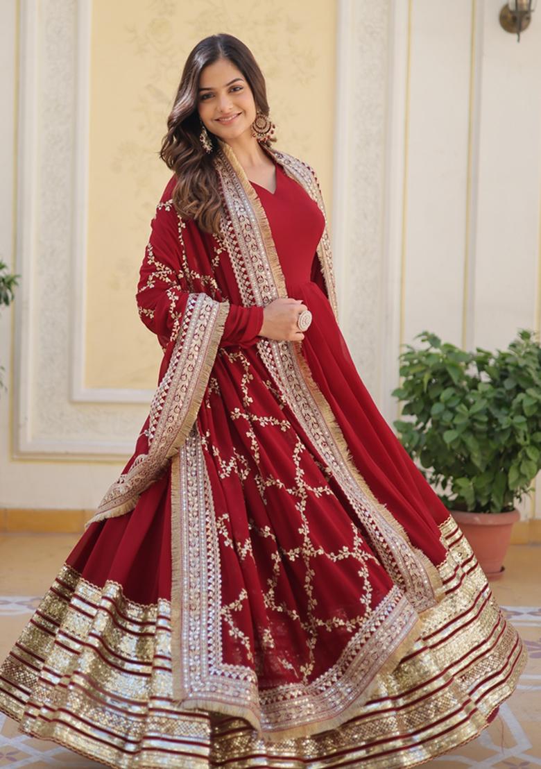 Maroon Embroidered Faux Blooming Anarkali Set - Indya