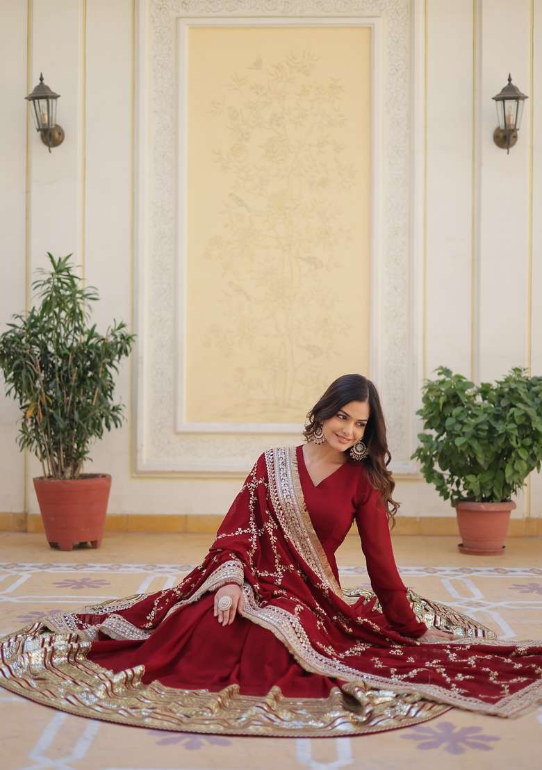 Maroon Embroidered Faux Blooming Anarkali Set - Indya