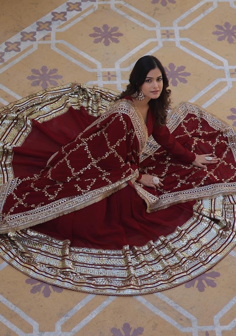 Maroon Embroidered Faux Blooming Anarkali Set - Indya