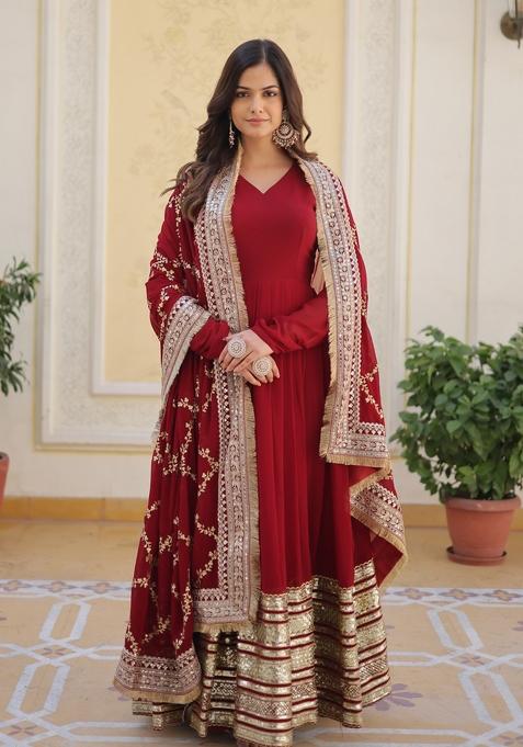 Maroon Embroidered Faux Blooming Anarkali Set