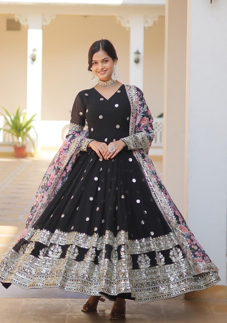 Black Embroidered Georgette Anarkali Set - Indya