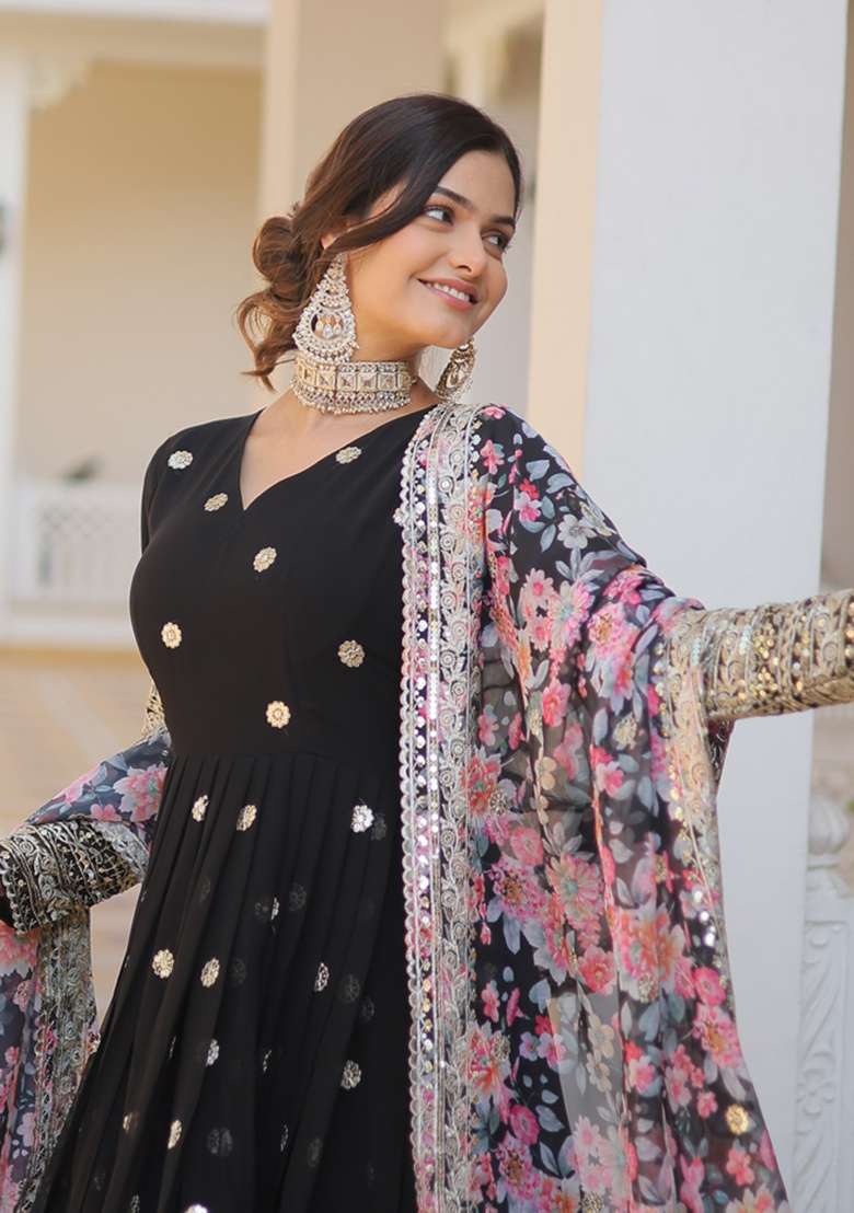 Black Embroidered Georgette Anarkali Set - Indya