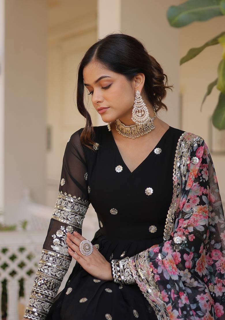 Black Embroidered Georgette Anarkali Set - Indya