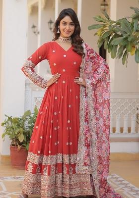 Orange Embroidered Georgette Anarkali Set