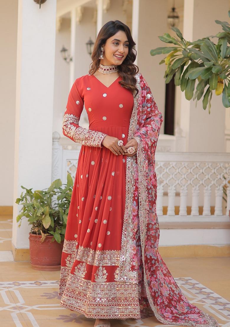 Orange Embroidered Georgette Anarkali Set - Indya