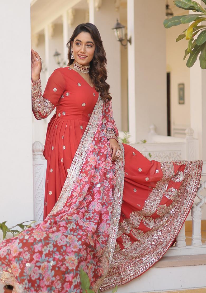 Orange Embroidered Georgette Anarkali Set - Indya