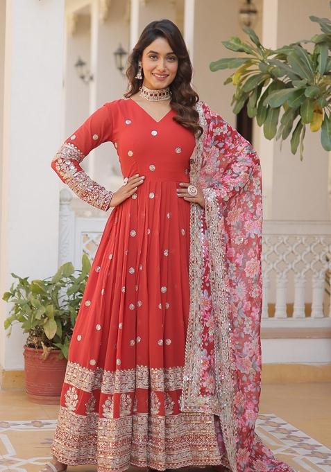 Orange Embroidered Georgette Anarkali Set