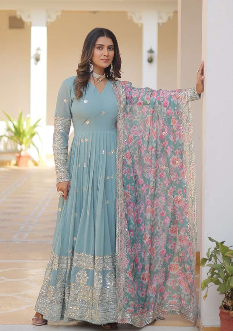 Sky Blue Embroidered Georgette Anarkali Set - Indya