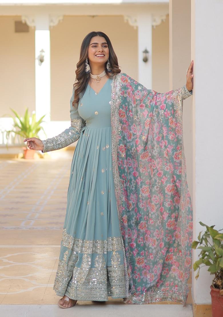 Sky Blue Embroidered Georgette Anarkali Set - Indya