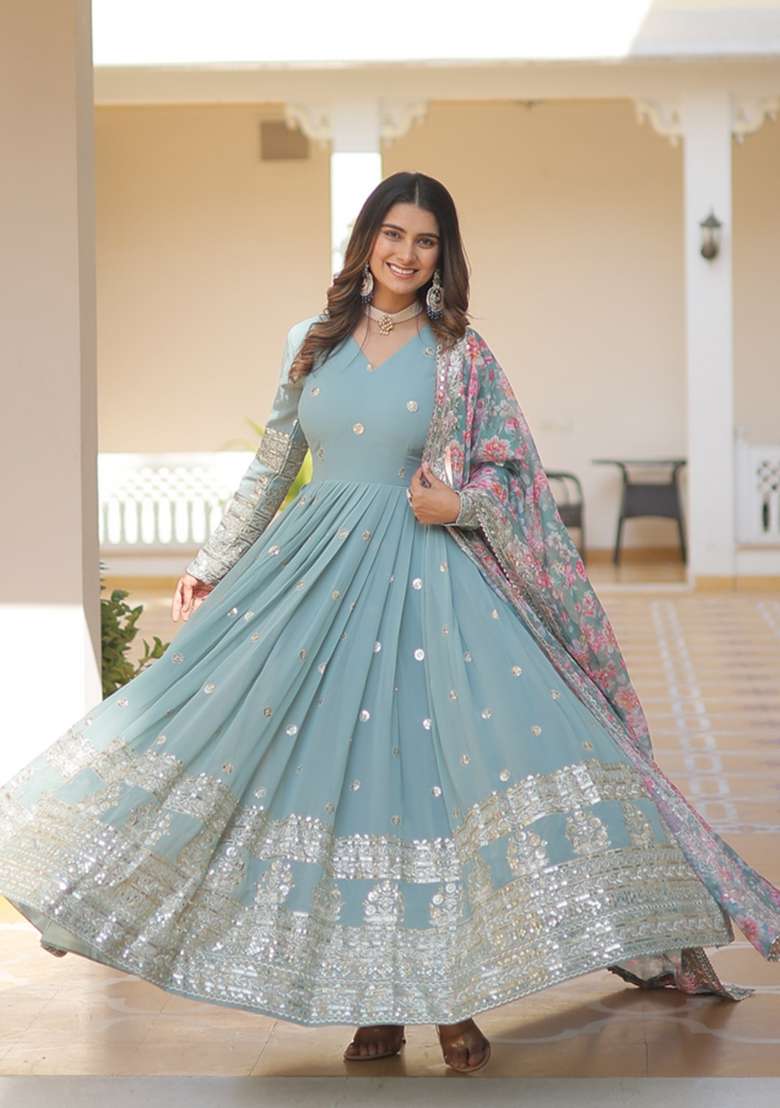 Sky Blue Embroidered Georgette Anarkali Set - Indya