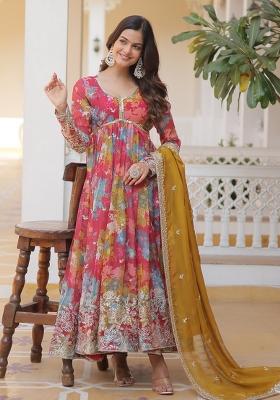 Pink Embroidered Silk Blend Anarkali Set