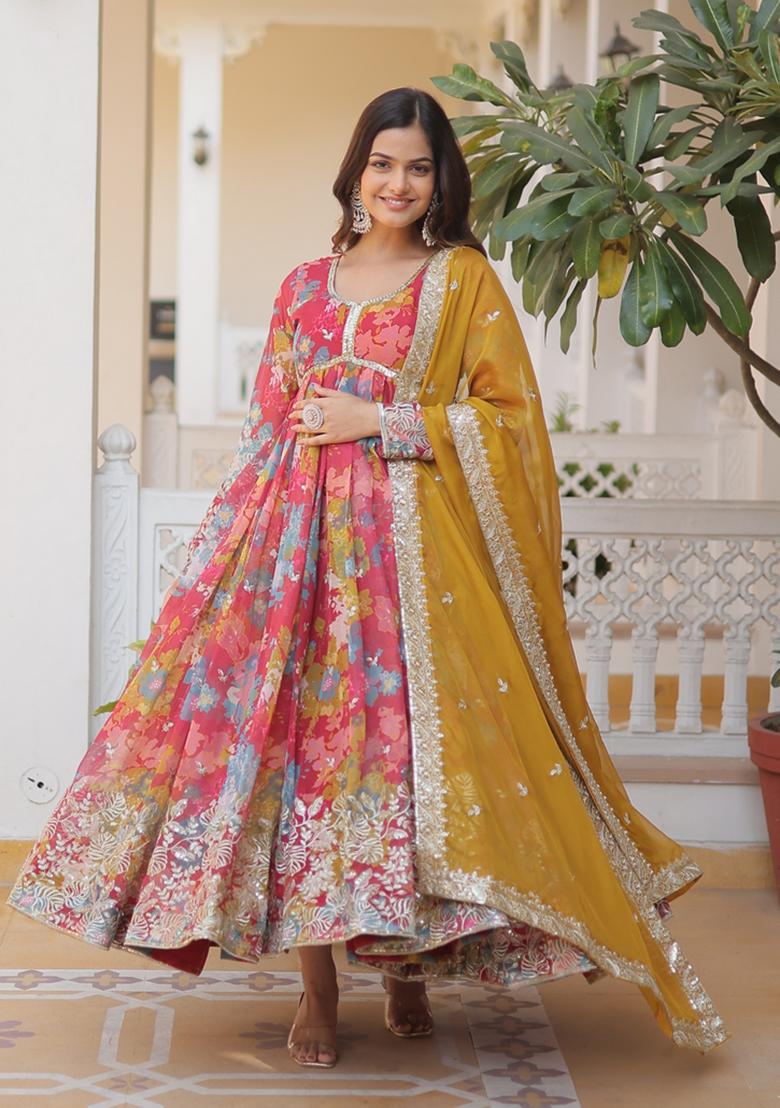 Pink Embroidered Silk Blend Anarkali Set - Indya