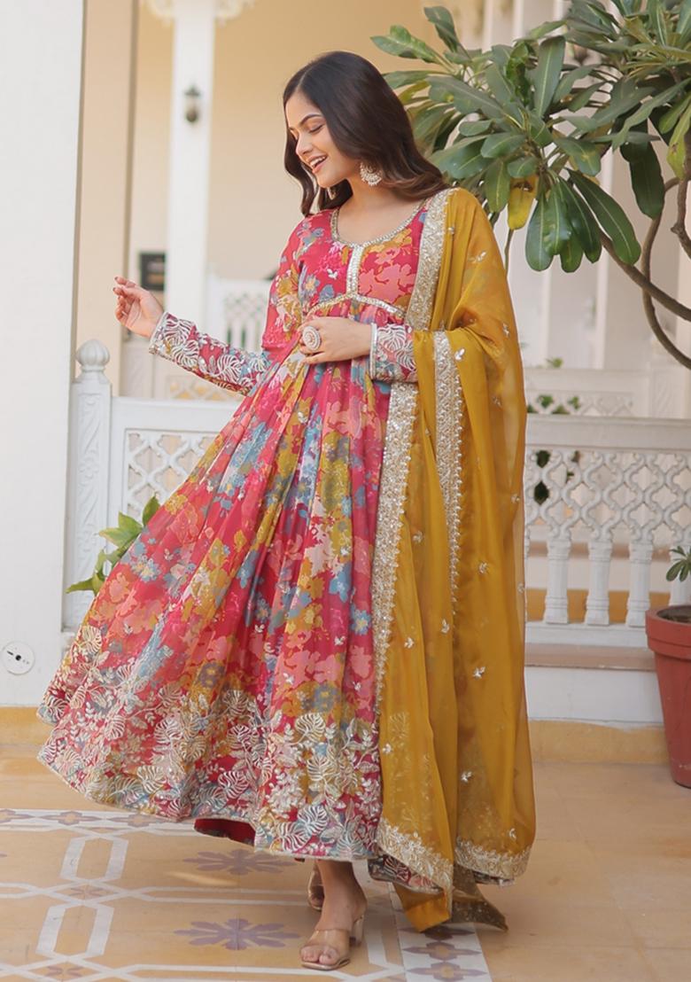 Pink Embroidered Silk Blend Anarkali Set - Indya