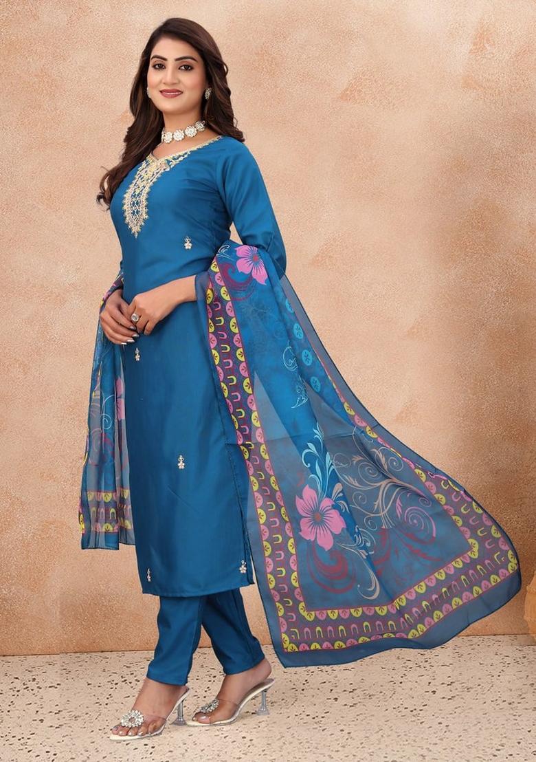 Blue Embroidered Cotton Kurta Set - Indya