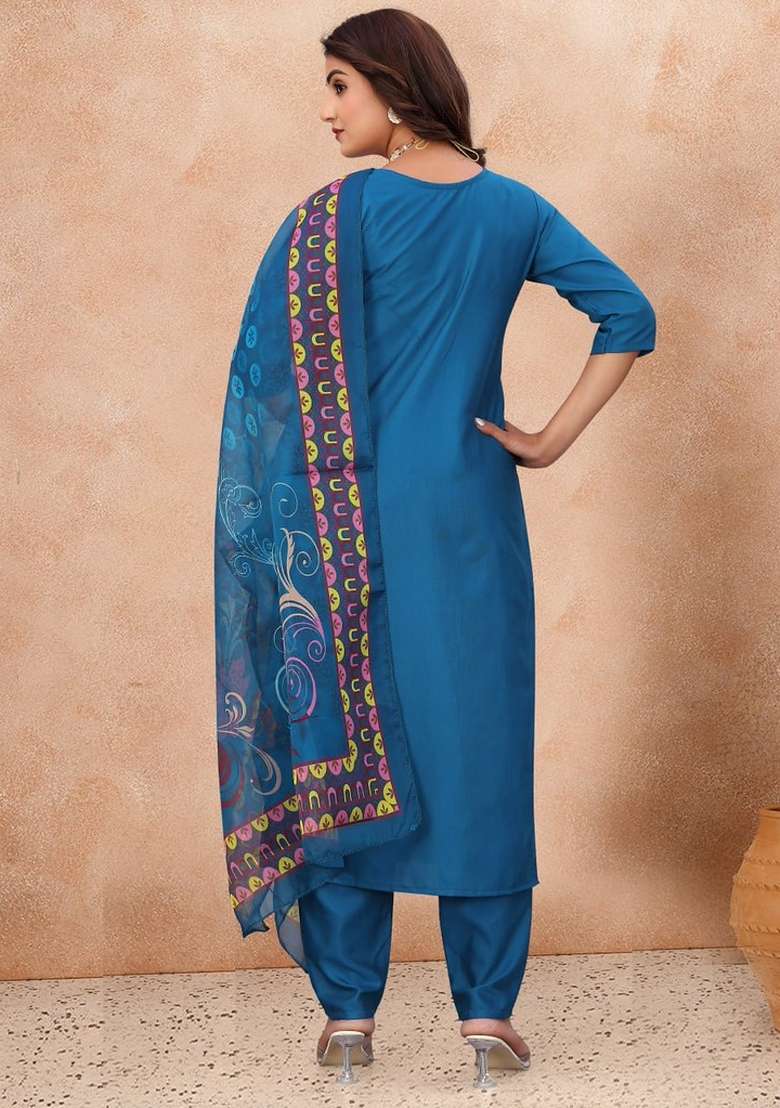 Blue Embroidered Cotton Kurta Set - Indya