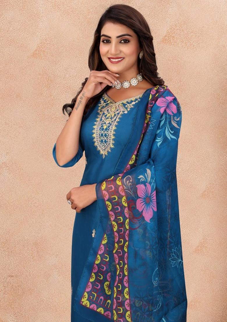 Blue Embroidered Cotton Kurta Set - Indya