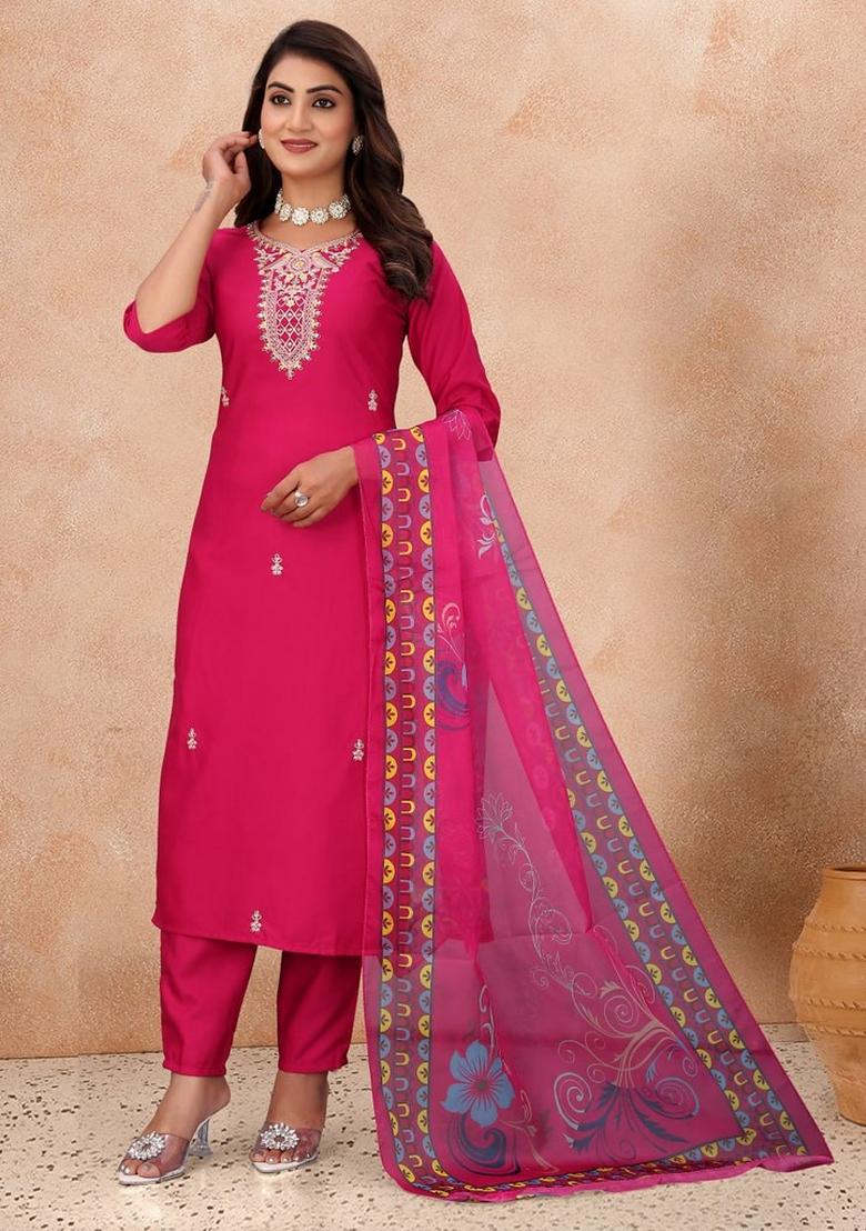 Pink Embroidered Cotton Kurta Set - Indya