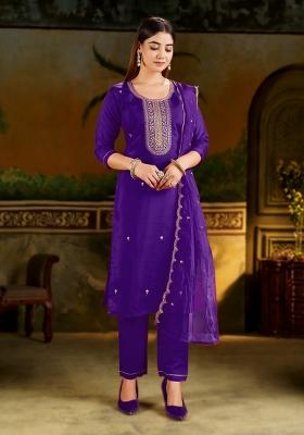 Purple Embroidered Silk Kurta Set