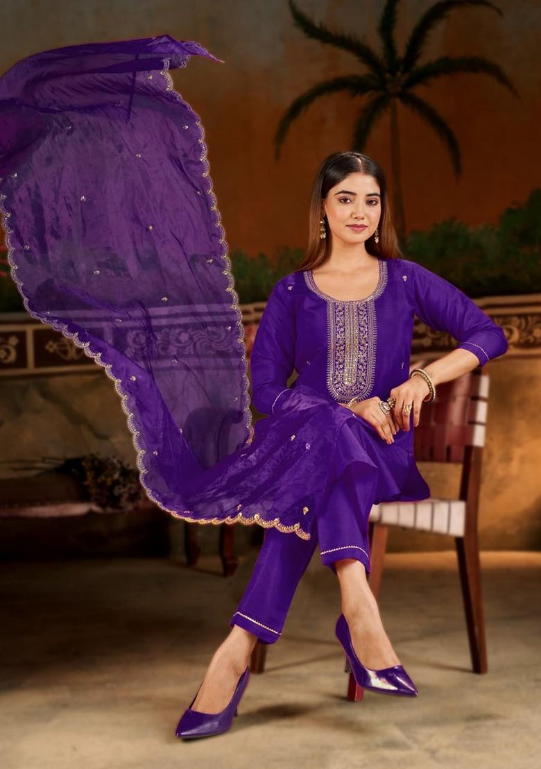 Purple Embroidered Silk Blend Kurta Set - Indya