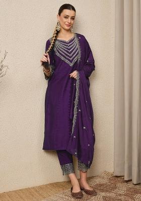 Purple Embroidered Silk Kurta Set