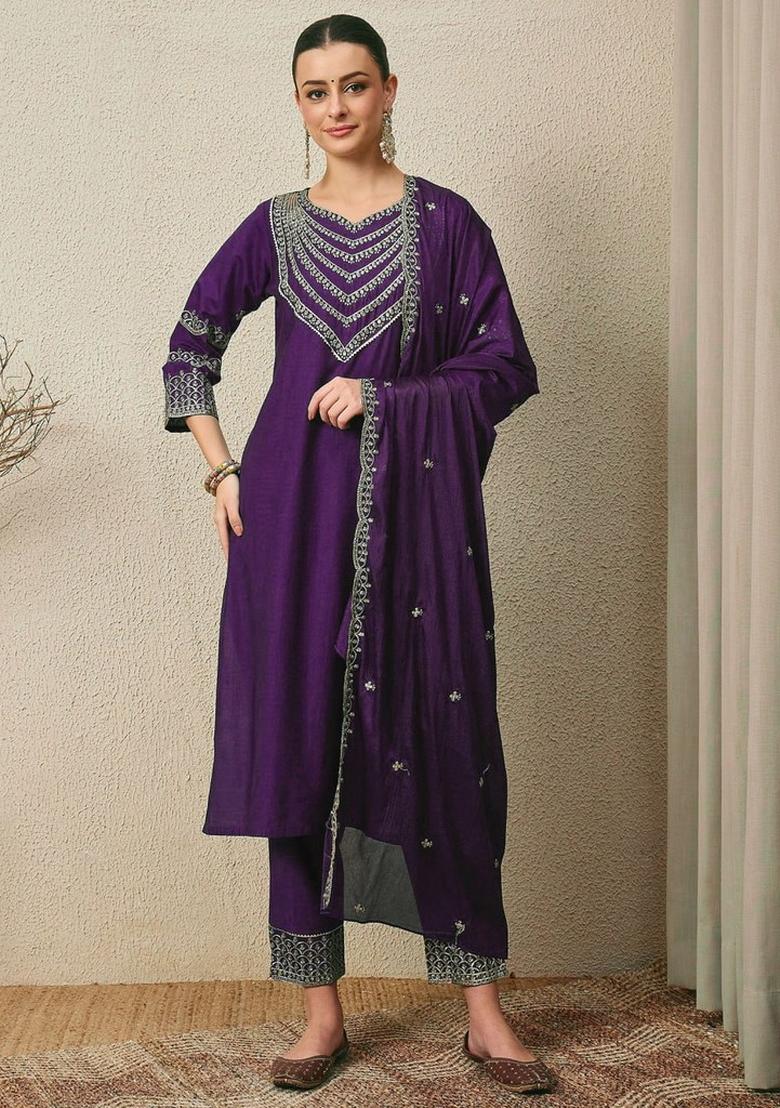 Purple Embroidered Silk Blend Kurta Set - Indya