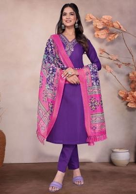 Purple Embroidered Cotton Kurta Set