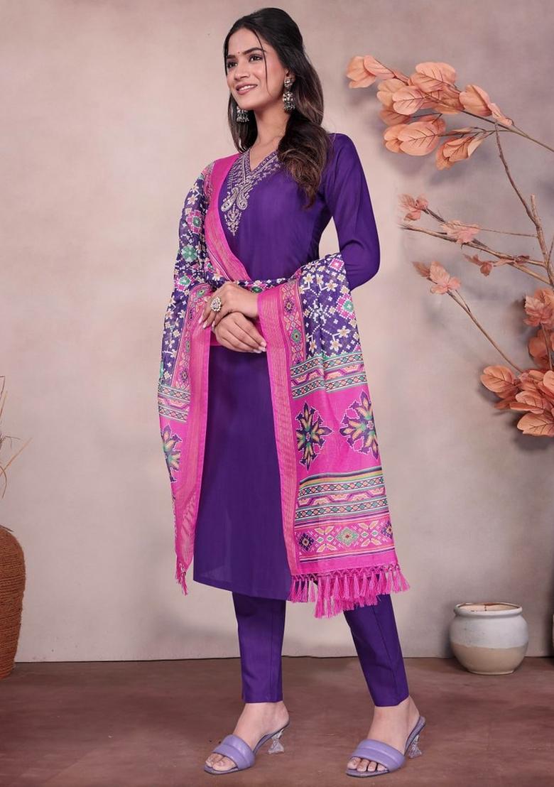 Purple Embroidered Cotton Kurta Set - Indya