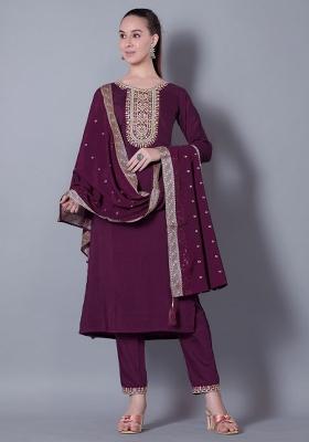 Wine Embroidered Silk Kurta Set