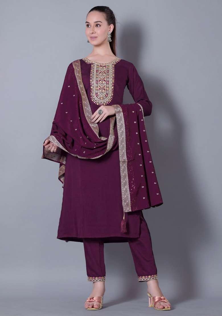 Wine Embroidered Silk Blend Kurta Set - Indya