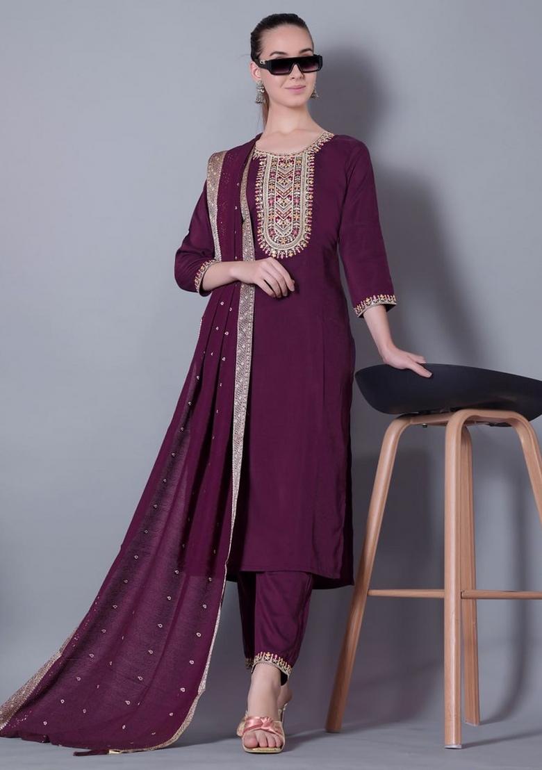 Wine Embroidered Silk Blend Kurta Set - Indya
