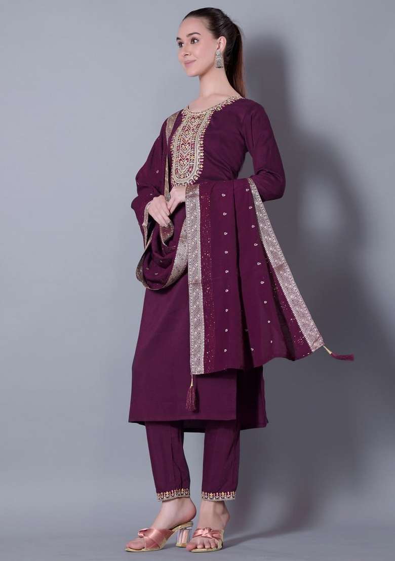 Wine Embroidered Silk Blend Kurta Set - Indya