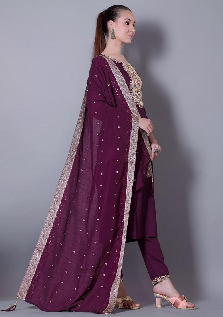 Wine Embroidered Silk Blend Kurta Set - Indya