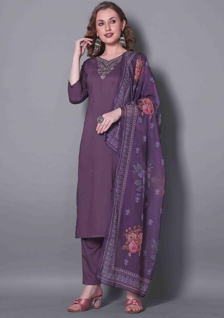 Purple Embroidered Silk Blend Kurta Set - Indya